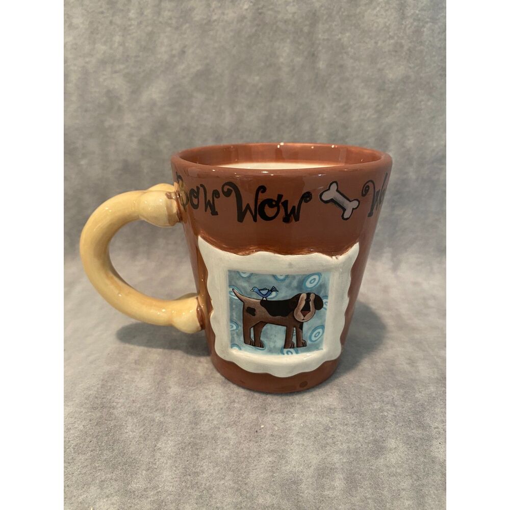 Dog Coffee Tea‎ Cup Mug Folk Art Handpainted Arf Arf Woof Bow Wow New
